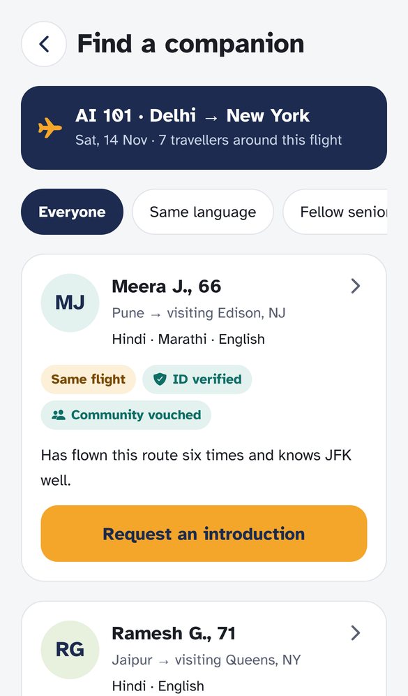 Saathi app showing companions on flight AI 101 with language filters